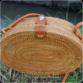 new oval design rattan handbag ata hand woven leather handle 